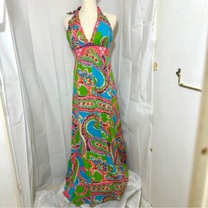 Lilly Pulitzer size 0 Maxi Dress Silk Paisley Chellis Halter Mediterranean